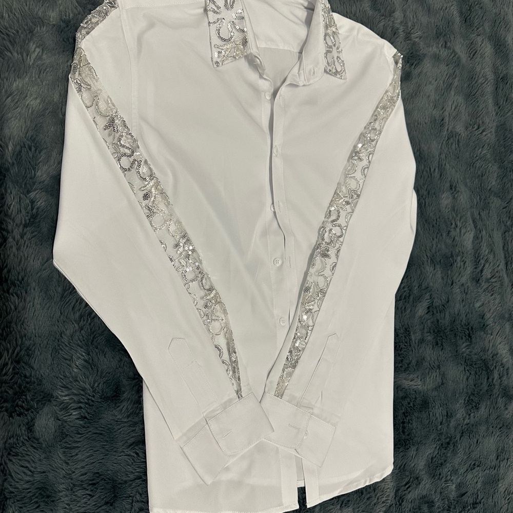 White Men's Dress Shirt with Silver Sequin Trim